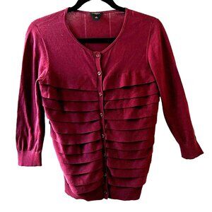 Ann Taylor Womens Cardigan Cotton Sweater Ruffles Buttons Wine Maroon Red Med